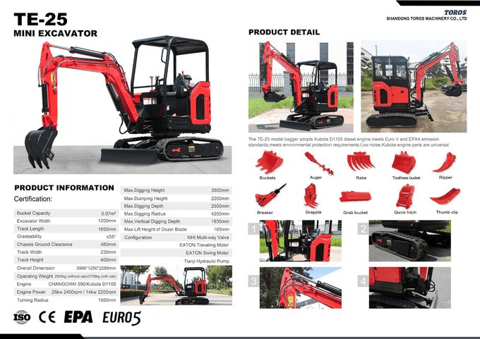 Mini Pelle 2,5 Tonnes avec Cabine 24,5 KW – TOROS TE-25 – Image 7